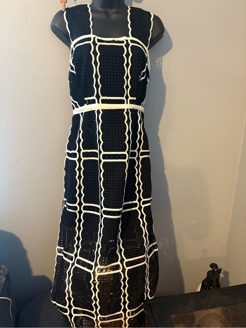India Boutique Black Crochet Midi Dress with White Trim
